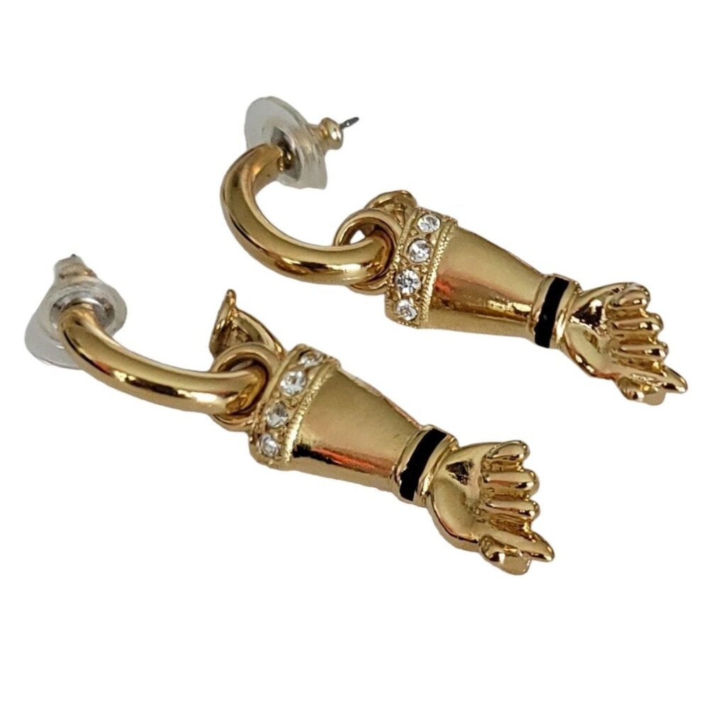 Jackie Collins Gold Tone Rhinestone Figa Fist Dangle Post Earrings, Signed K01